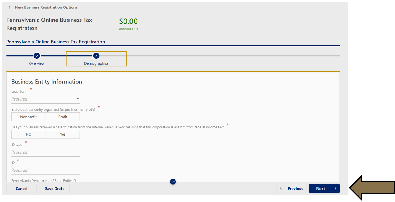 Arrow pointing to the Next button in the Business Tax Registration section in myPath.
