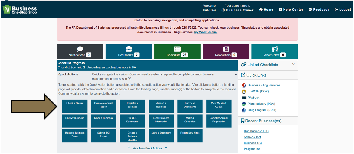 Arrow pointing to the Quick Action button titled Check a Status on the Business One-Stop Shop Hub Dashboard.