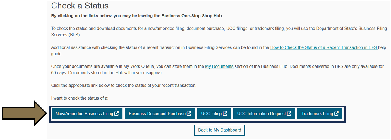 Arrow pointing to the navigation buttons on the Check a Status landing page within the Business One-Stop Shop Hub.