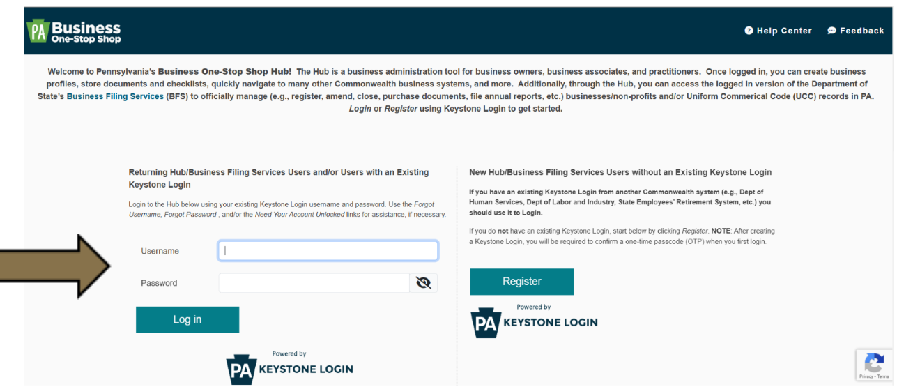 Arrow pointing to the username and password fields of the Business One-Stop Shop Hub login page.