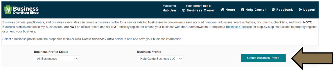 Arrow pointing to the Create Business Profile button in the Business Hub.