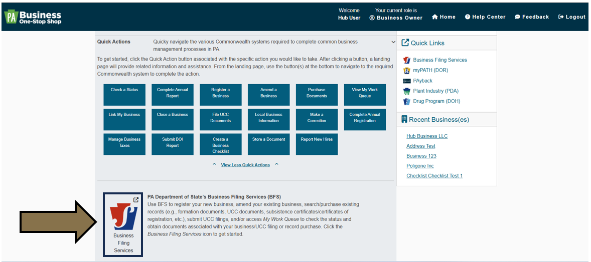 Arrow pointing to the Business Filing Services clickable icon on the Business One-Stop Shop Hub Dashboard.