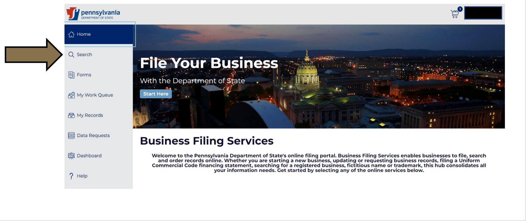 Arrow pointing to the Search option in the Business Filing Services menu.  