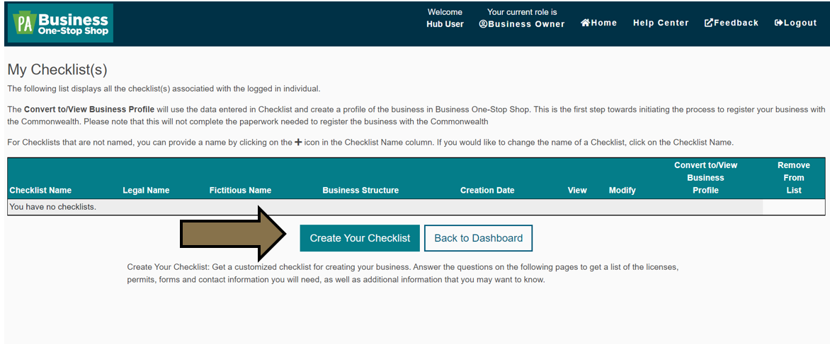 Arrow pointing to the Create Your Checklist button in the Business Hub. 
