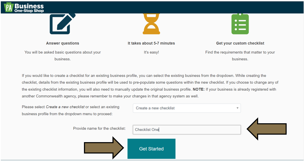 Arrows pointing to the Provide Name for Checklist field and Get Started button in the Business Checklist. 