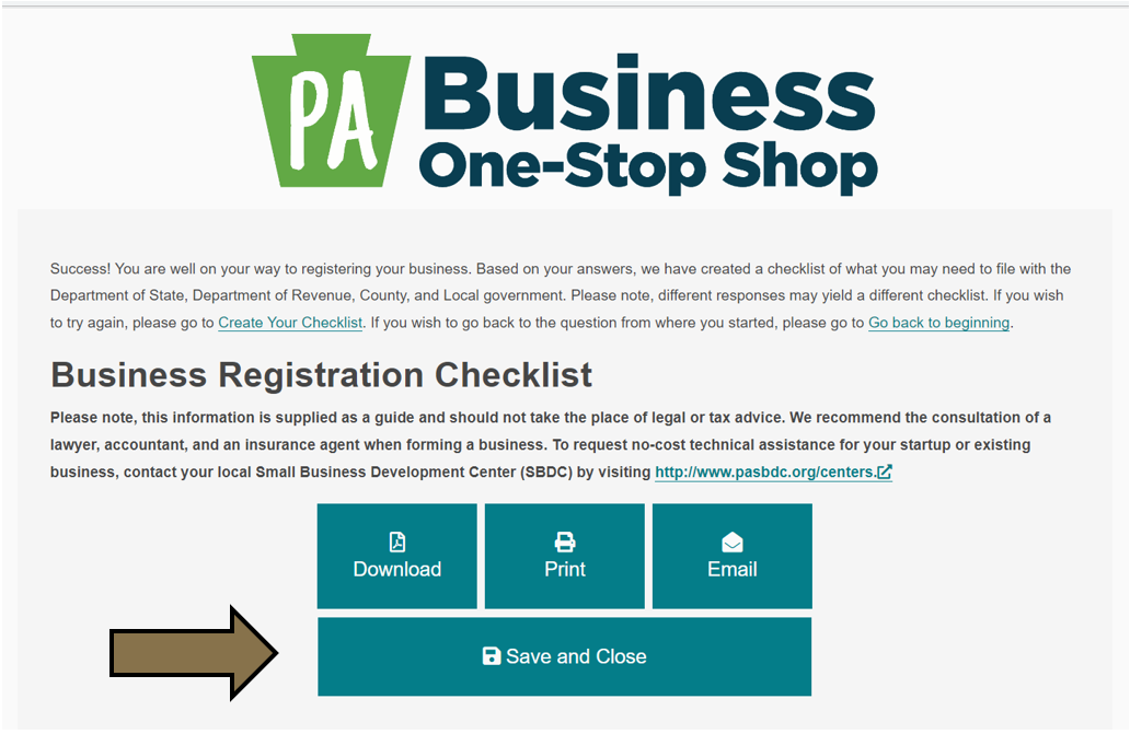 Arrow pointing to the Save and Close button in the Business Checklist. 