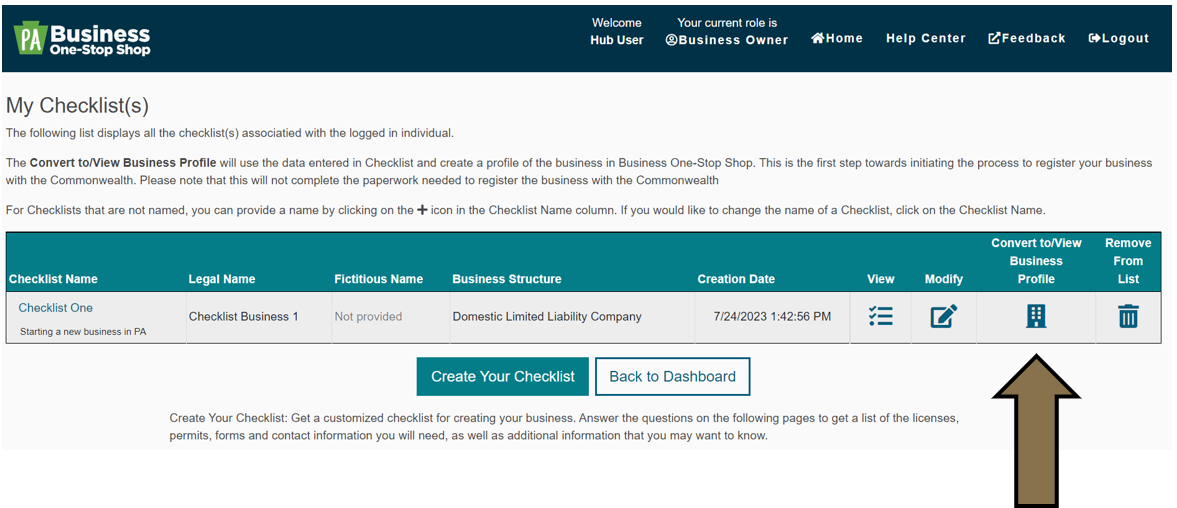 Arrow pointing to the Convert to View Business Profile icon in the Business Hub.