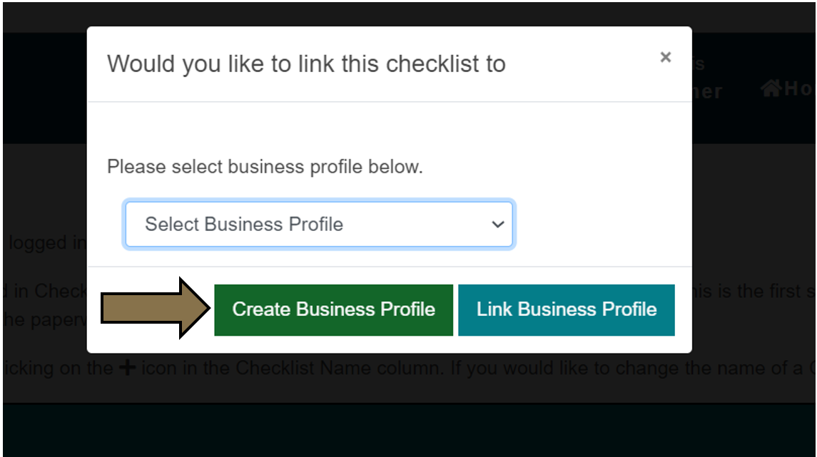Arrow pointing to the Create Business Profile button in the Business Hub. 