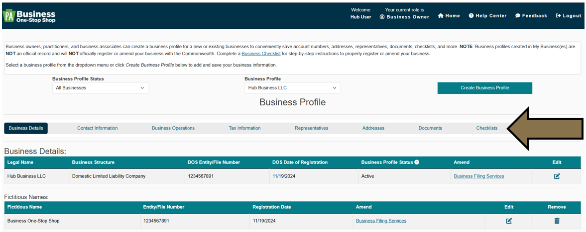 Arrow pointing to Checklists in the business profile summary menu in the Business Hub.  