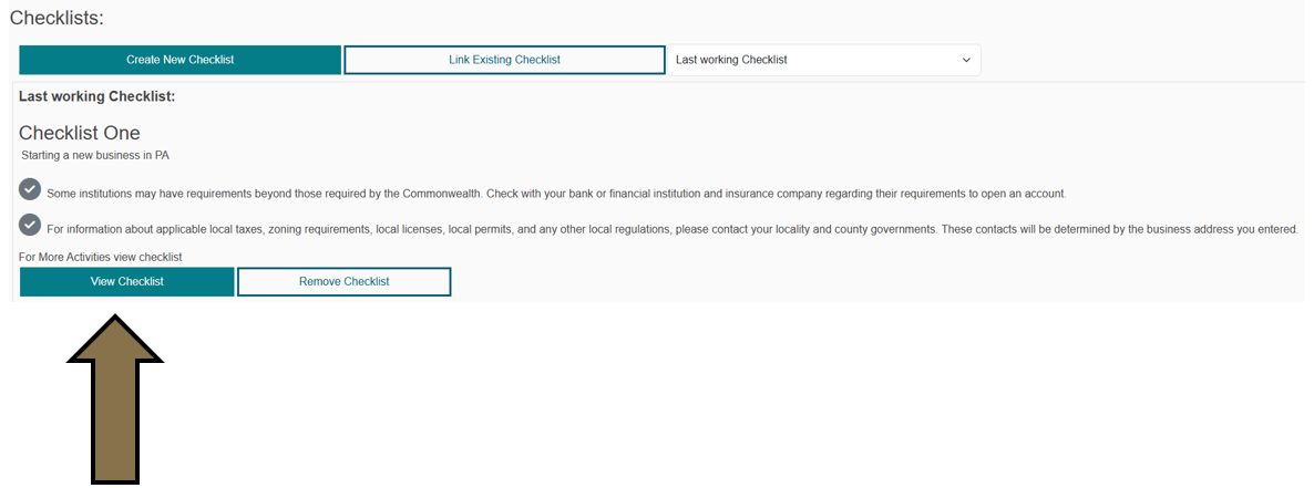Arrow pointing to the View Checklist button in the Checklists section of the business profile summary in the Business Hub.
