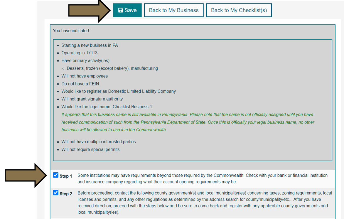 Arrows pointing to the Save button and Checklist steps on the Business Checklist. 