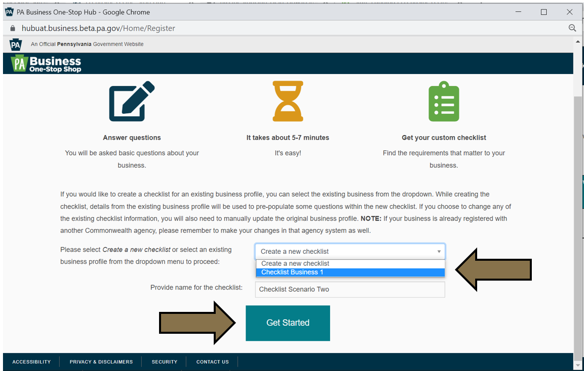 Arrows pointing to the Create a New Checklist form field and Get Started button in the Business Checklist. 
