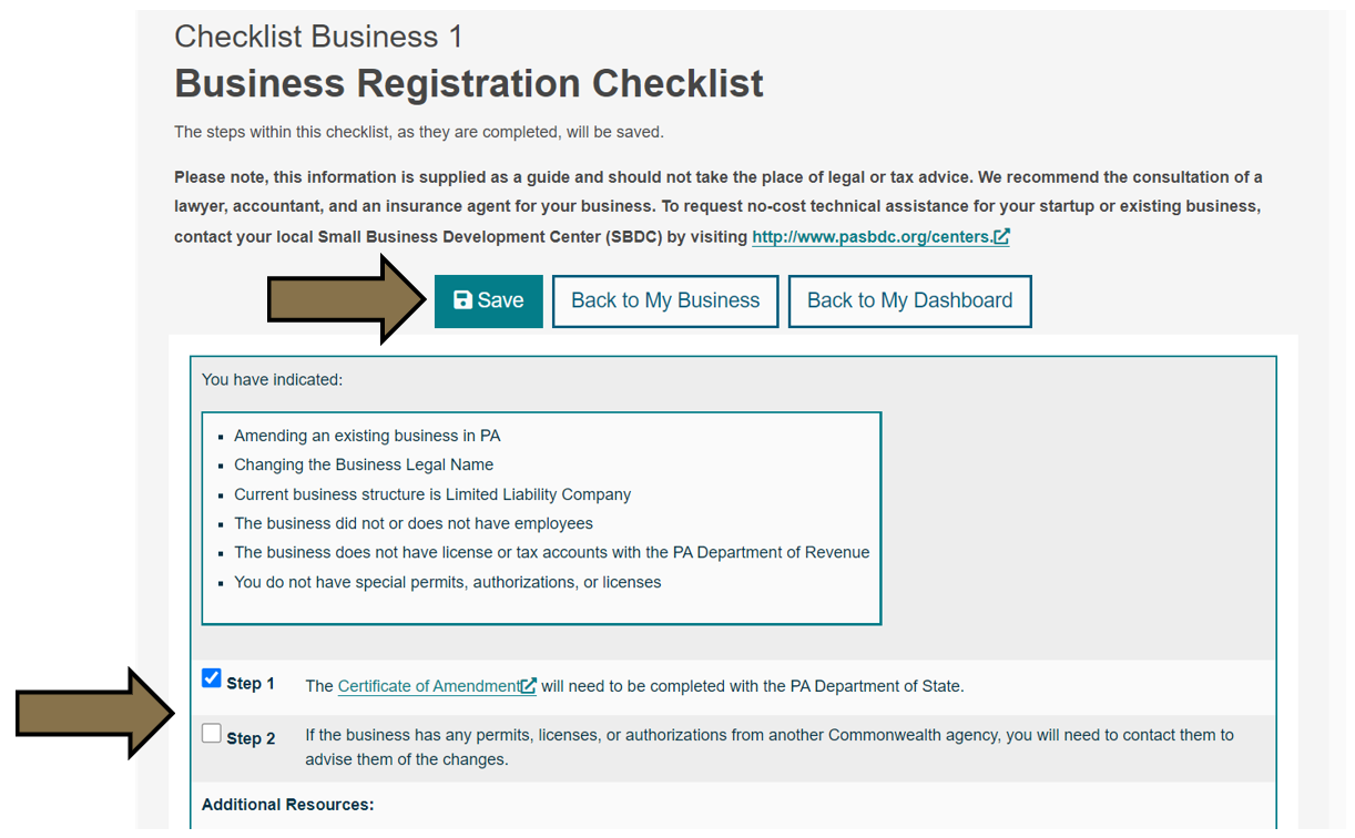 Arrows pointing to the Save button and Checklist steps in the Business Checklist. 