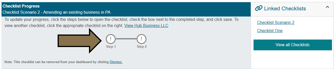 Arrow pointing to the registration steps in the Checklist Progress widget in the Business Hub.