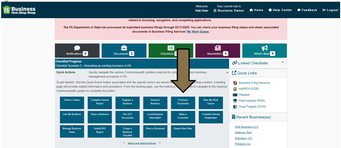 Arrow pointing to the Quick Action button titled Purchase Documents on the Business One-Stop Shop Hub Dashboard.