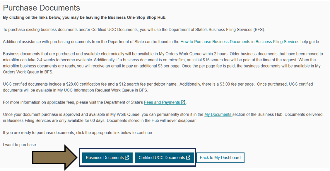 Arrow pointing to the navigation buttons on the Purchase Documents landing page within the Business One-Stop Shop Hub.  