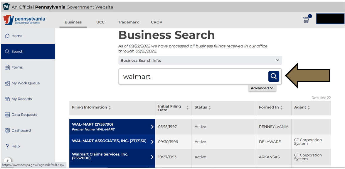 Arrow pointing to the Search field in Business Filing Services.