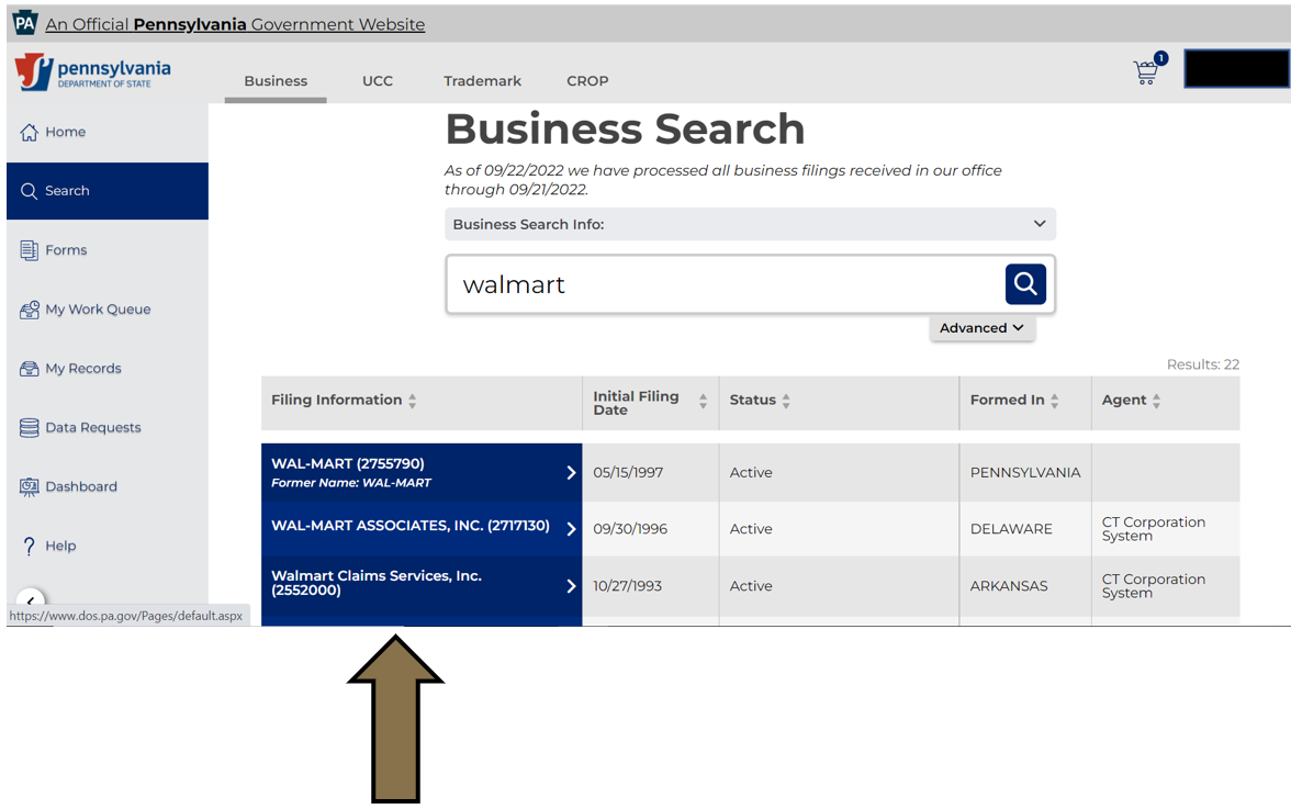Arrow pointing to search results in Business Filing Services.