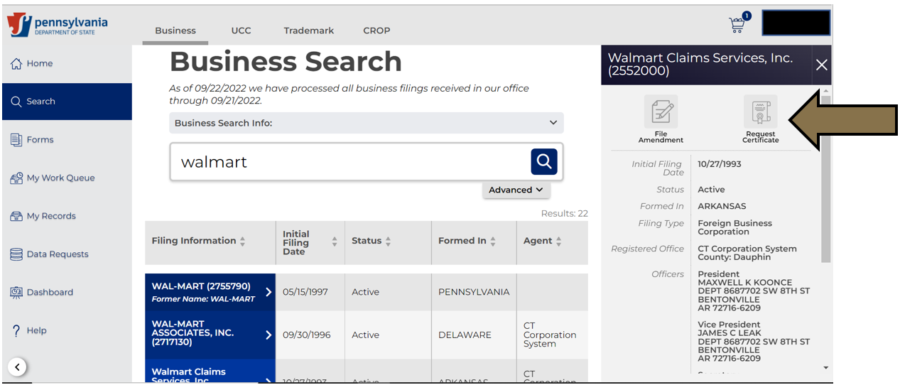 Arrow pointing to the Request Certificate option in Business Filing Services.