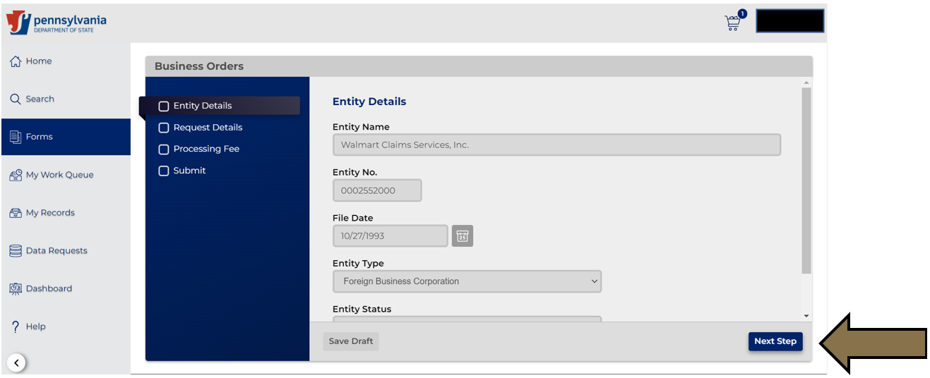Arrow pointing to the Next Step button in Business Filing Services.