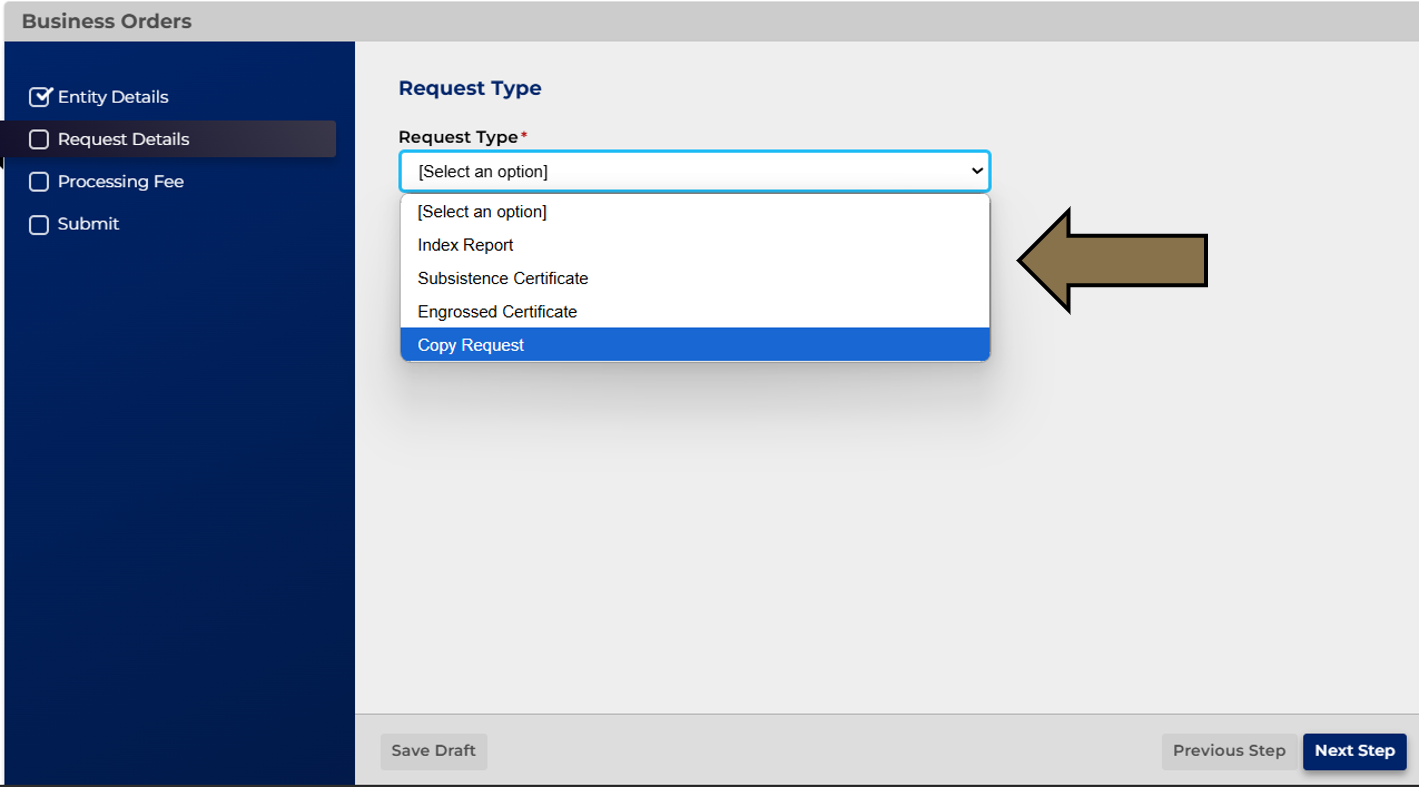 Arrow pointing to the Request Type in Business Filing Services.