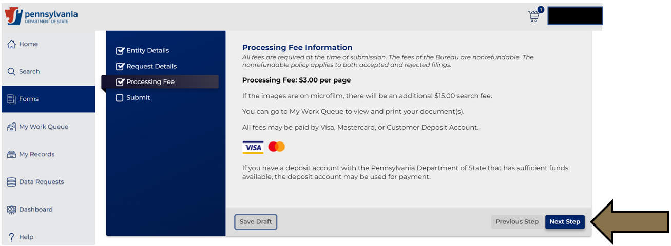 Arrow pointing to the Next Step button in Business Filing Services.