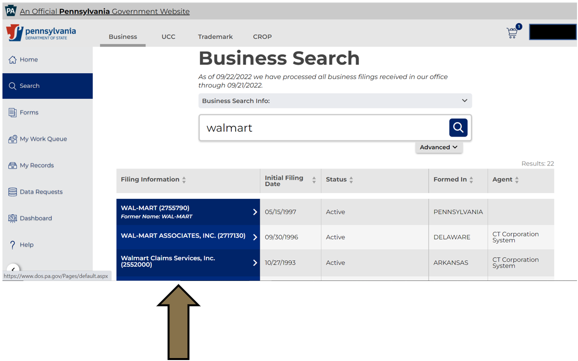 Arrow pointing to an example of a business search result in Business Filing Services.