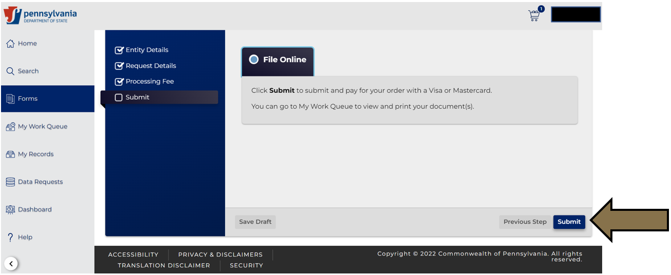 Arrow pointing to the Submit button in Business Filing Services.