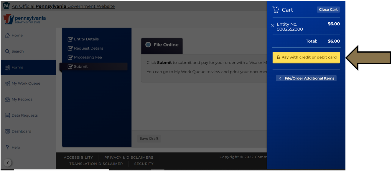 Arrow pointing to the Pay with credit or debit card button in Business Filing Services.