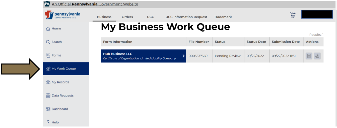 Arrow pointing to the My Work Queue tab in Business Filing Services.