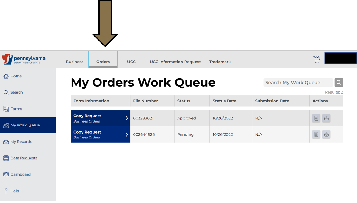 Arrow pointing to the Orders tab in Business Filing Services.
