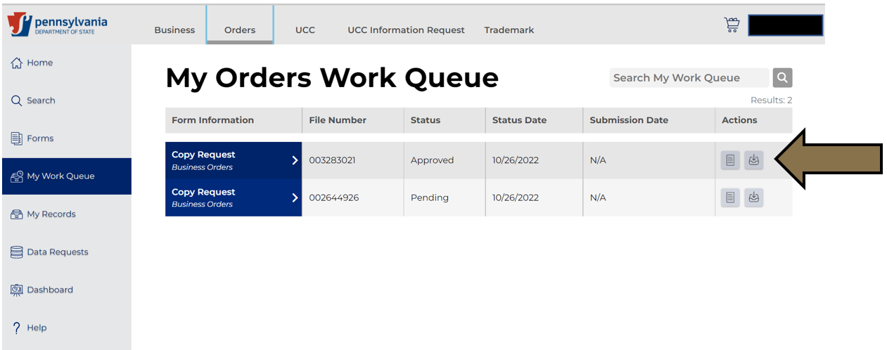 Arrow pointing to the View Downloads tab in Business Filing Services.