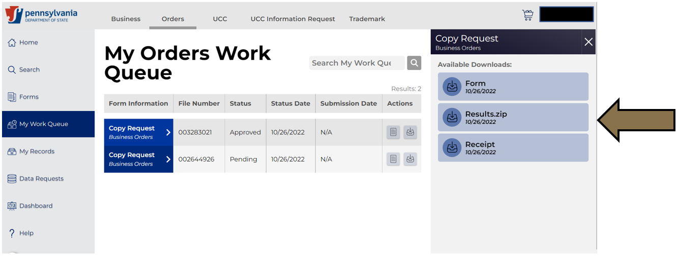 Arrow pointing to the Results.zip option in Business Filing Services.