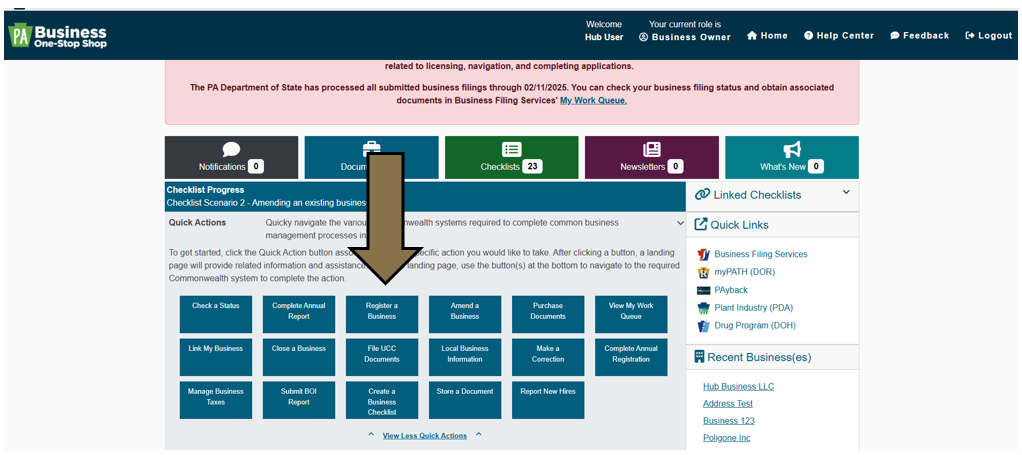 Arrow pointing to the Quick Action button titled Register a Business on the Business One-Stop Shop Hub Dashboard.
