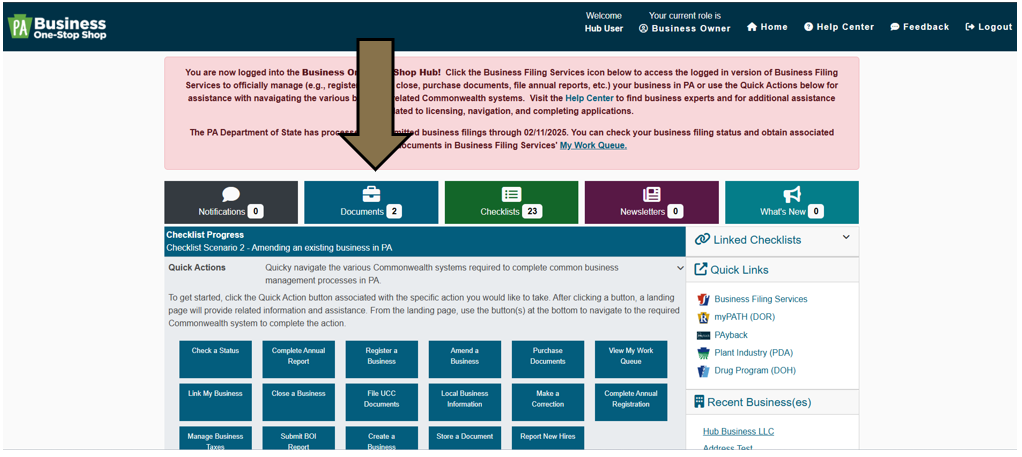 Arrow pointing to the Documents button on the Dashboard of the Business One-Stop Shop Hub.