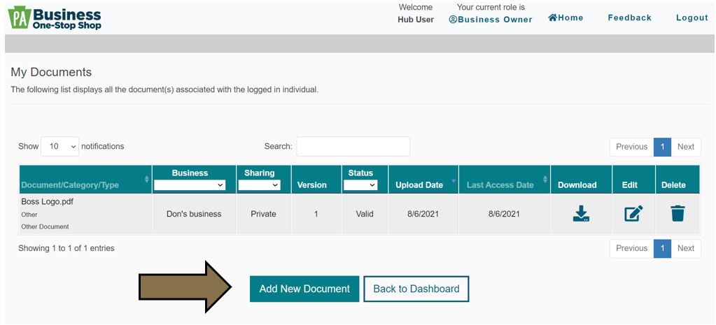 Arrow pointing to the Add New Document button on the My Documents page in the Business One-Stop Shop Hub.