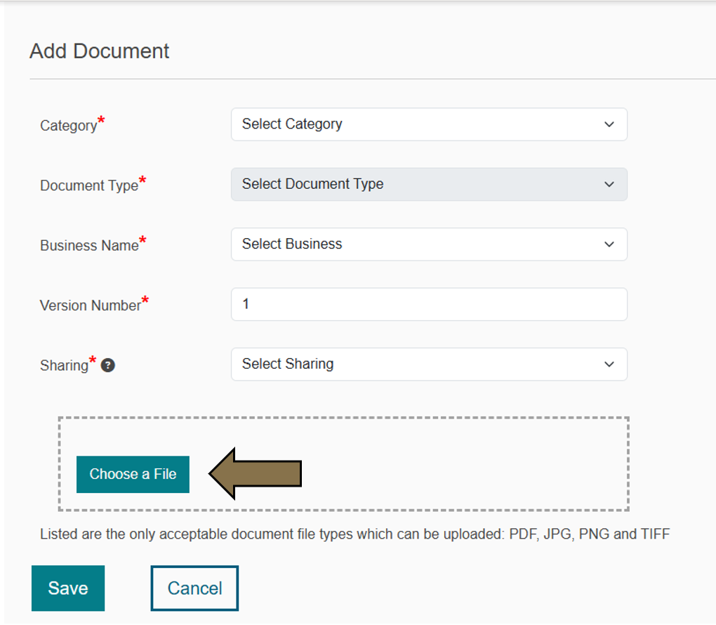 Arrow pointing to the Choose a File button on the Add Document screen in My Documents in the Business One-Stop Shop Hub.