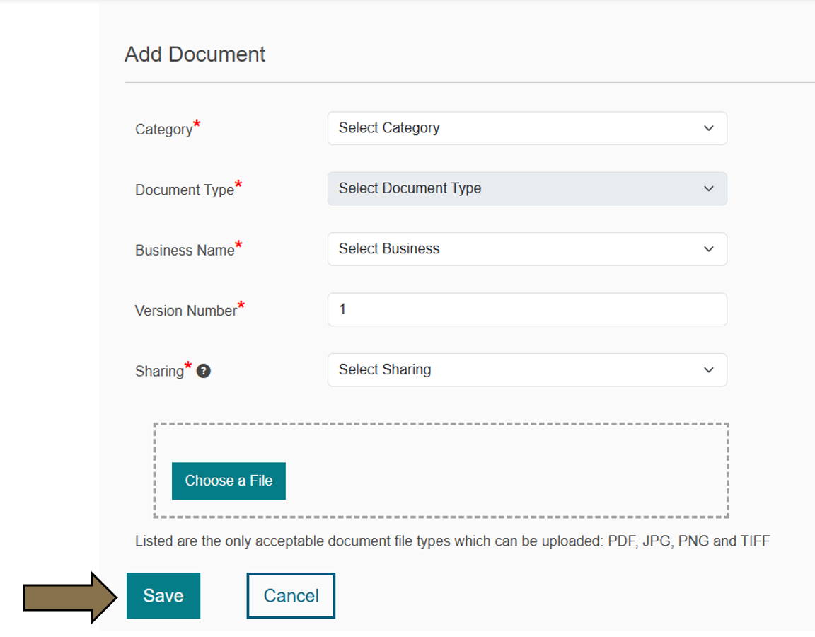 Arrow pointing to the Save button on the Add Document screen in My Documents in the Business One-Stop Shop Hub.