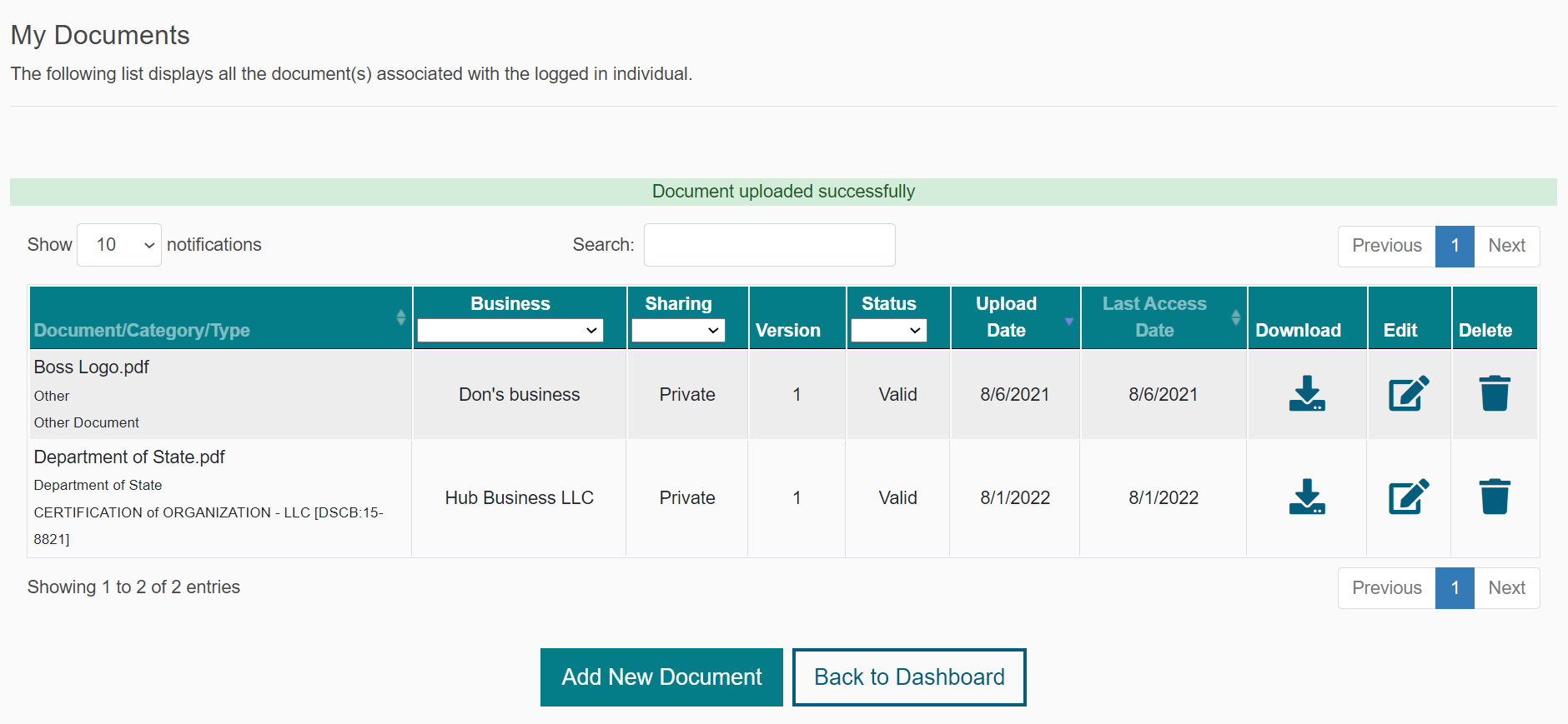 My Documents showing the Document uploaded successfully message after adding a document in My Documents in the Business One-Stop Shop Hub.