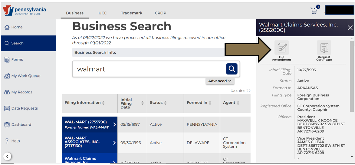 Arrow pointing to the close button in Business Filing Services.